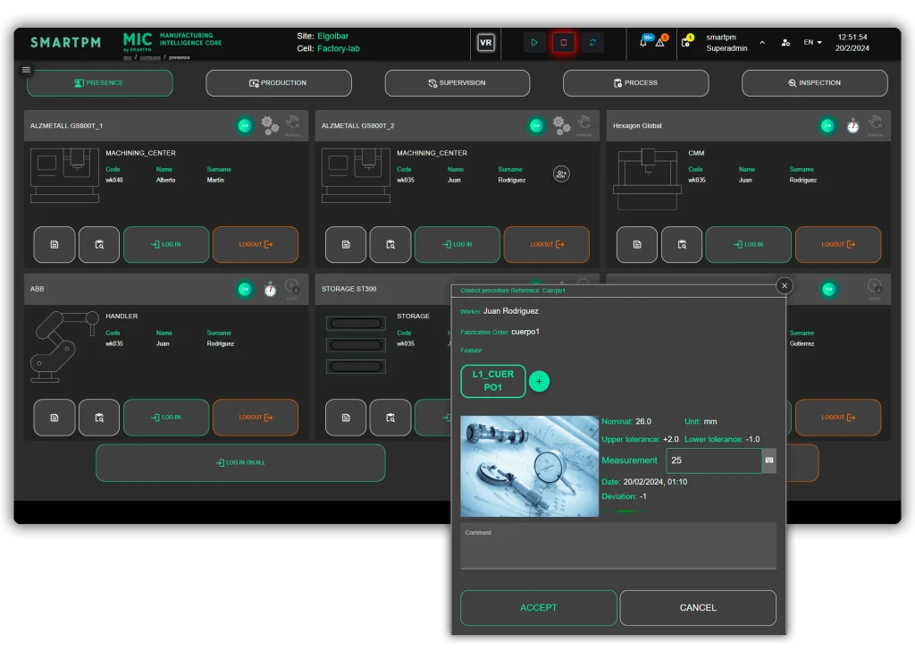 Interfaz del módulo MIC COMPASS donde el personal de fabricación puede notificar fallos en tiempo real.