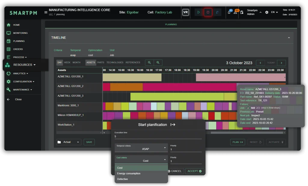 Pantalla del módulo MIC PLANNER donde se puede planificar y programar la producción.